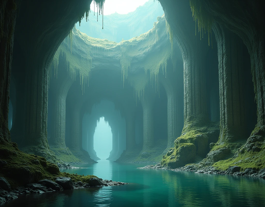 "An ancient, abandoned underground city revealed beneath a still, glassy water surface. As the water fades away, the ruins of a once-grand metropolis come into view, stretching endlessly downward. Towering stone skyscrapers and crumbling structures are coated in thick layers of moss and lichen, their edges softened by centuries of decay. The cavernous space is illuminated by faint beams of light filtering through cracks in the ceiling, casting a mystical glow over the scene. Broken bridges and weathered pathways connect the ruins, hinting at a forgotten civilization that thrived long ago. The silence is profound, with only the faint sound of dripping water echoing through the vast expanse, evoking a haunting sense of history and loss."