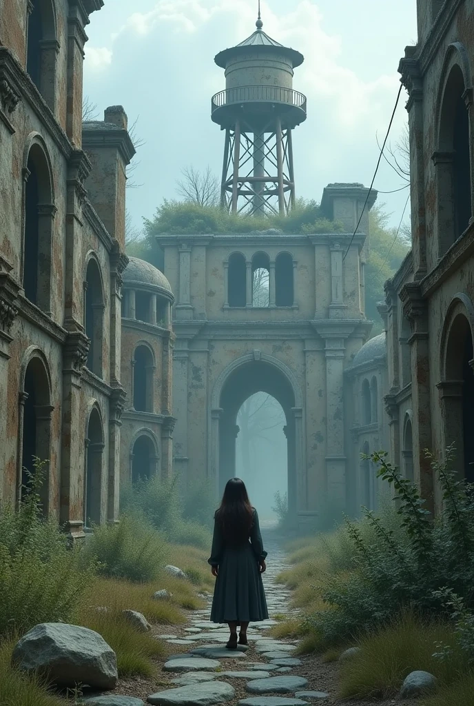 dramatic photo realistic an ancient city ruin, desolate and abandon, weed and bushes, old water tower, a girl with dark clothes wandering around