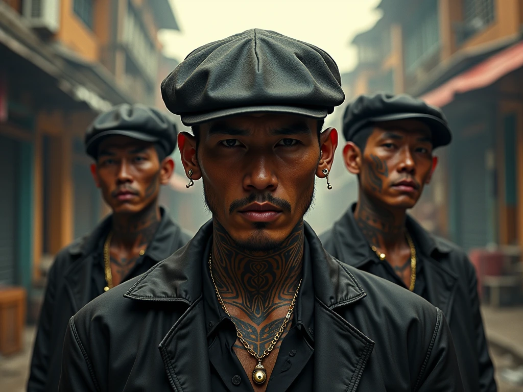 Close-up of a group of extremely handsome, 15-year-old, muscular, tattooed, necklace-wearing, high-tailed young men, street scene, gangster style, romance, Hong Kong cinema, knives, guns, spears, clubs. Their eyes are filled with sadness and longing. The background is a trail of blood and violence. Cinematic lighting, high detail, 8k, artstation, conceptual art, dark fantasy. Photo taken with a Canon EOS R5 85mm f/11 camera, ((sharp)) mode of people and surroundings. Image quality ((8K)), ((realistic)), ((masterpiece)), ((sharpest and highest contrast)), ((excellent depth of field)), ((stereoscopic lighting)). ((angry, ferocious)), detailed pores, ((Direct facial lighting)), bright sunlight.