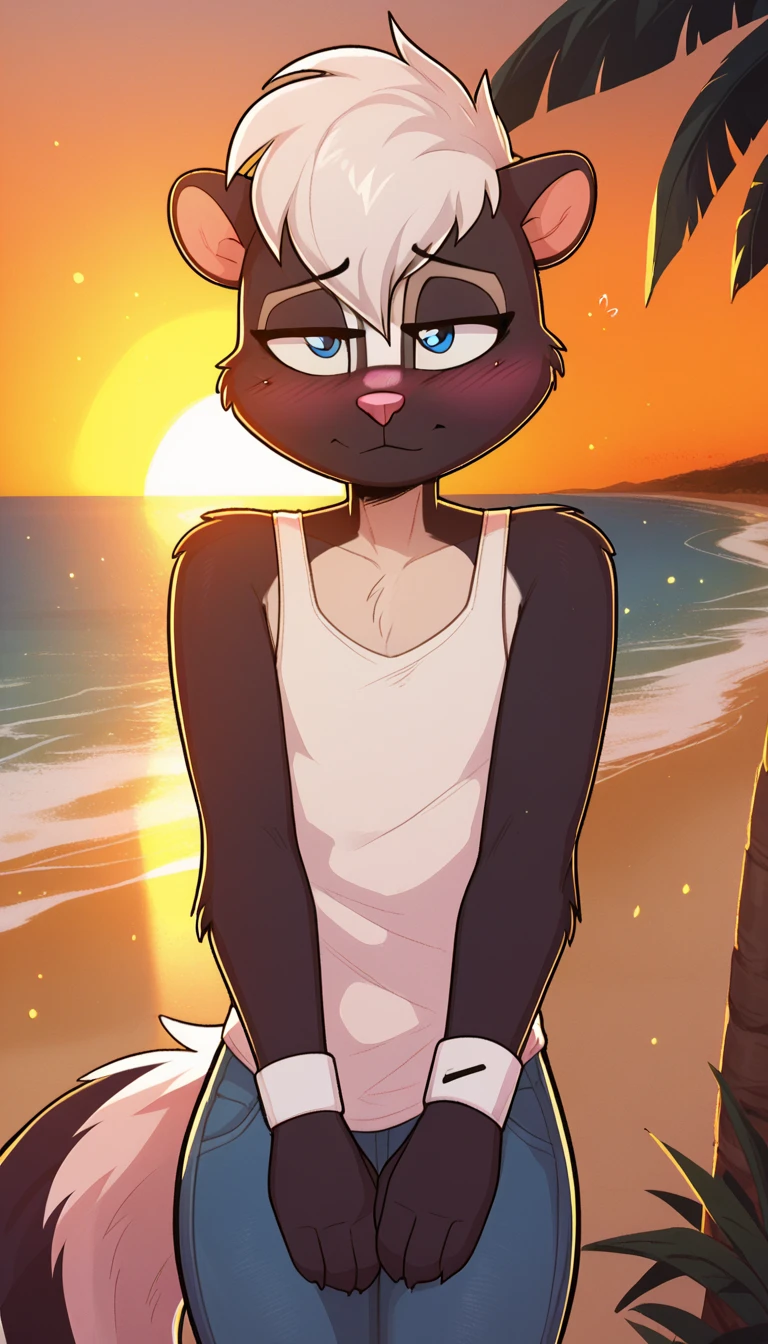 masterpiece, best quality, nervous expression, male, anthro, furry, black fur, fluffy fur, skunk boy, furry, skunk ears, animal nose, cute eyes, blue eyes, skunk tail, white hair, short hair, (white hair), solo, (beach), sunset, detailed, white tank top, blue jeans, shy, head tilt, adult (19 years), flat chest, thick thighs, white wristband, half-closed eyes, blush, looking at the viewer, standing, (kilinah), light particles, score_9, score_8_up, score_7_up, score_6_up, score_5_up, score_4_up