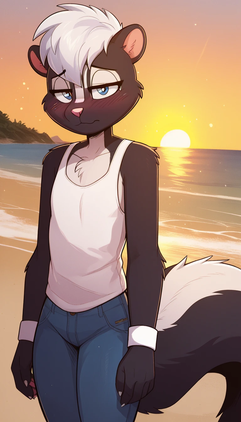 masterpiece, best quality, nervous expression, male, anthro, furry, black fur, fluffy fur, skunk boy, furry, skunk ears, animal nose, cute eyes, blue eyes, skunk tail, white hair, short hair, (white hair), solo, (beach), sunset, detailed, white tank top, blue jeans, shy, head tilt, adult (19 years), flat chest, thick thighs, white wristband, half-closed eyes, blush, looking at the viewer, standing, (kilinah), light particles, score_9, score_8_up, score_7_up, score_6_up, score_5_up, score_4_up