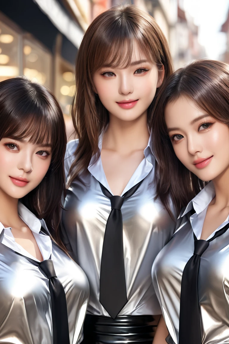 4 girls,  masterpiece, Lens reflection, Reflected light,  buttoned up in extremely tight shiny silver latex blouse,  high resolution , Make-up,  seductive smile , Are in town and go shopping ,Necktie,  brown hair , Bangs,