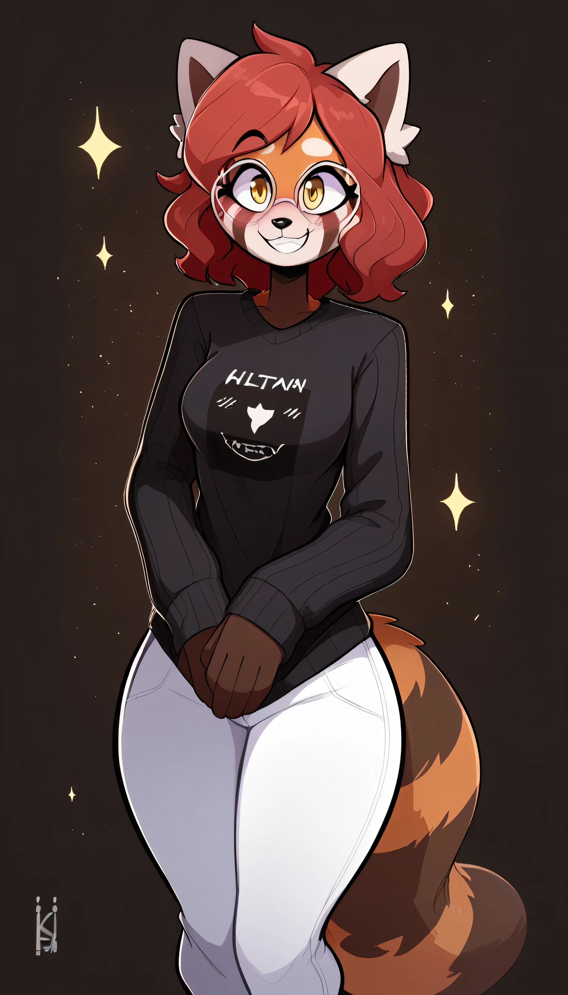 masterpiece, best quality, seductive expression, 1girl, anthro, furry, fur, fluffy fur, red panda girl, furry, red panda ears, animal nose, cute eyes, yellow eyes, red panda tail, red hair, medium hair, wavy hair, solo, (simple background), detailed, black sweater, white pants, cute grin, head tilt, teenager (18 years), medium breast, thick thighs, hips, glasses, blush, looking at the viewer, (kilinah), light particles, score_9, score_8_up, score_7_up, score_6_up, score_5_up, score_4_up