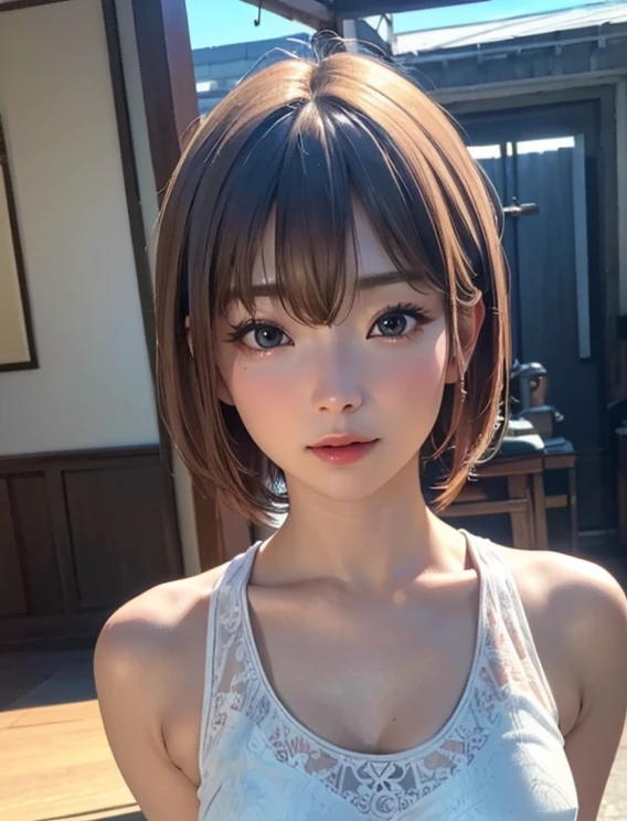 short sleeveless t shirt、Underbust、Tight mini skirt、1 girl、Medium breast、Bob Hair、Brown Hair、Beautiful face、Anatomically correct limbs、Anatomically correct fingers、Raw photo、Highest quality、masterpiece:1.3、Downtown New York、