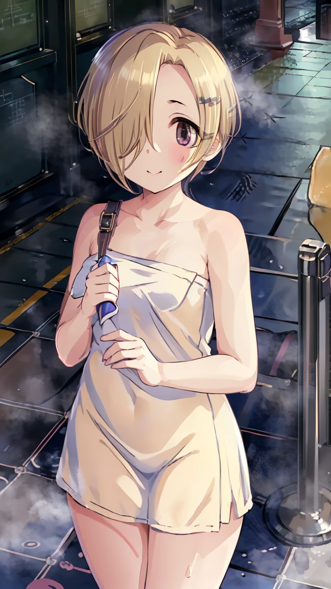 masterpiece,  best quality,  high definition ,  Very detailed,(((Shirasaka Koume))), ((( 1 girl))), (((solo))), (((Blonde))), (((Brown Hair))), ((( short hair))), ((( hair covering one eye ))), (((Around town))), (((Daytime))), ((( standing))), (((Against the backdrop of blue sky))), (((pedestrian crossing))), (((Naked towel))), ((( Blushing ))), (((smile)))