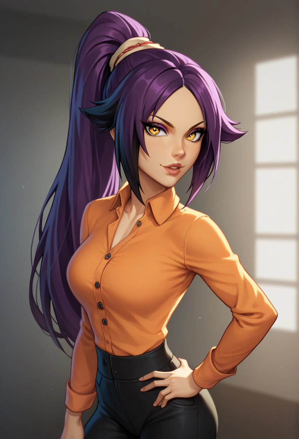 Yoruichi Shihoin, 1girl, purple hair, black highlights, yellow eyes, lips, long hair, looking at viewer, makeup, orange shirt, black pants, score_9, score_8_up, score_7_up, score_6_up, score_5_up, score_4_up, looking at viewer, hand on own hip, cowboy shot,