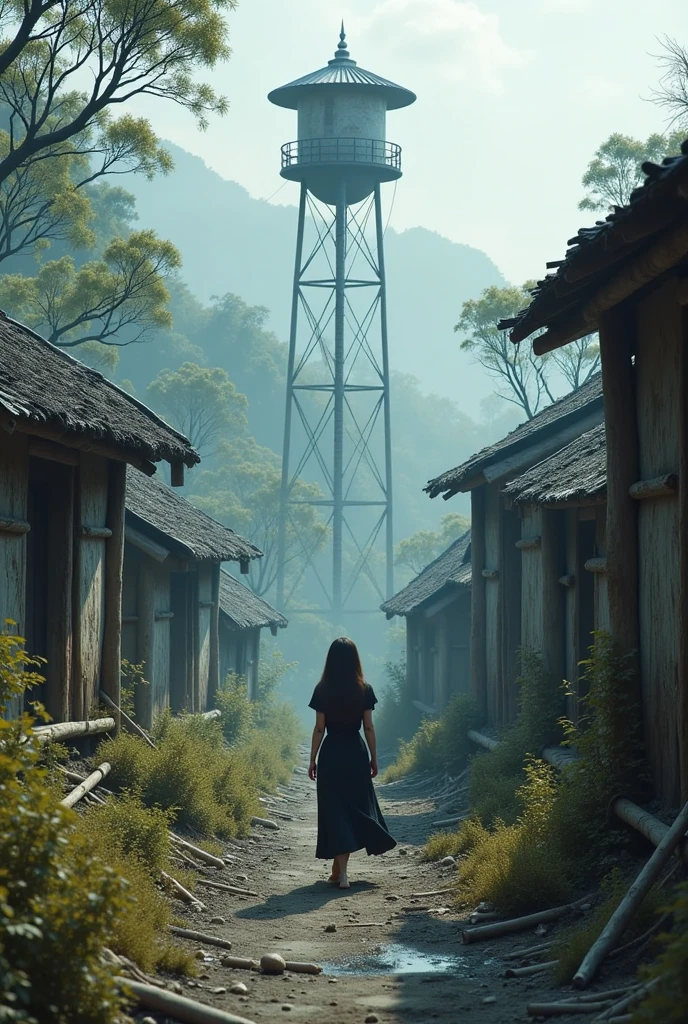 dramatic photo realistic an ancient city ruin, wooden houses, bamboos houses, aftermath, desolate and abandon, weed and bushes, old water tower, a girl with dark clothes wandering around