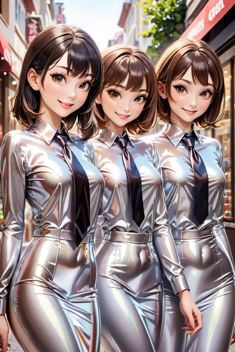 4 girls,  masterpiece, Lens reflection, Reflected light,  buttoned up in extremely tight shiny silver latex blouse,  high resolution , Make-up,  seductive smile , Are in town and go shopping ,Necktie,  brown hair , Bangs,