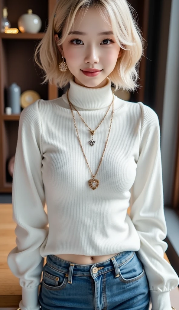 25 years old women,、bangss、tight white turtleneck sweater, Puffy nipple、Tight jeans pants, jaket、Medium milk, cute smile face、(Butt sticking out pose)、(turned aParks with lakes、Big necklace、earrings、Photos showing the whole body(Short Hair)(((Blonde)))(( wave hair))