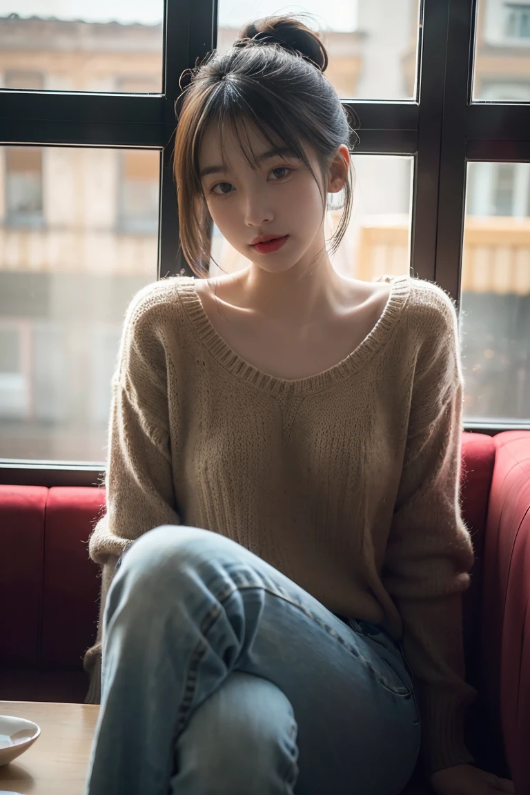 Prompt : A casual portrait of a young Asian woman sitting by a window in a cozy café, wearing a knit sweater and jeans. Her messy bun and the warm light streaming through the window create a relaxed and inviting scene, (8k, RAW photo, best quality, masterpiece:1.4), realistic