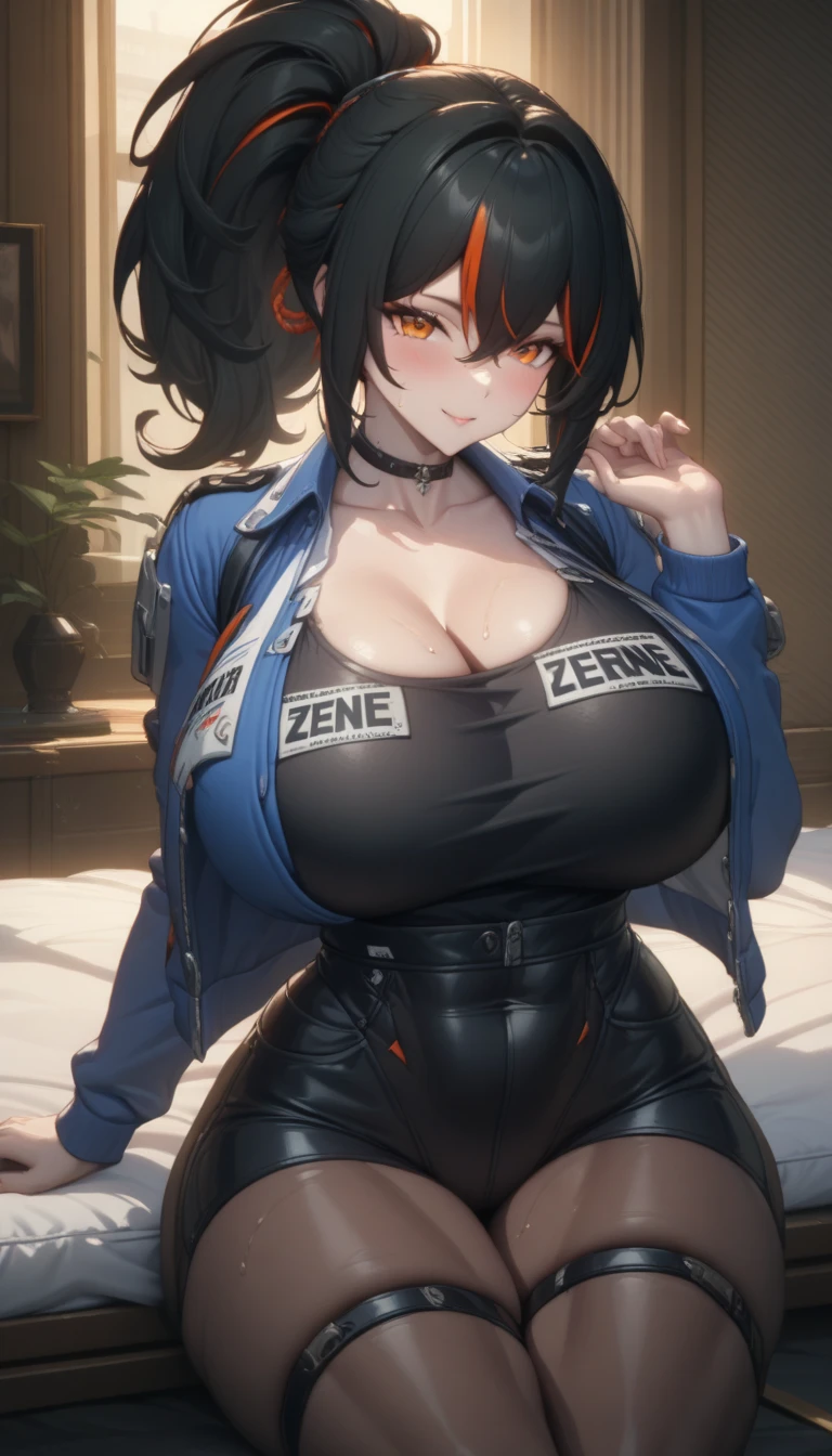 masterpiece,best quality,high resolution,8k,ultra HD,wallpaper,illustration,perfect face,cowboy shot,beautiful detailed eyes,extremely detailed face,perfect lighting,extremely detailed CG,perfect anatomy,perfect body,perfect hands,perfect fingers,1woman,full body,,muscle fighter body,black long ponytail hair,orange eyes,large breasts,Medium ass,,(blue open jacket inner white shirt),black short hot pants,clothed,,collarbone,,looking at viewer,(sexy look pose),Steam,sweat,rich home,(Zenless Zone Zero character Zhu Yuan),adult,,,,,masterpiece, detailed, high quality, absurd, pale skin, blush, big breasts, curves, groin, babydoll, transparent, perverted face, big thighs, strong breasts, ((masterpiece)), ((best quality)), ( detailed), perfect woman, lonely, beautiful, delicious lips, long hair, big breasts, deep cleavage, big breasts, (((sweatshirt breasts)),,,,,,,,,,,,,,,,, venus body, 1 girl, solo, big breasts, hips, wide hips, thick thighs, high thighs, smile, blush, choker, big breasts , (((hoodie with breasts)), big thighs, masterpiece, detailed face,,, sitting, from above,, bare abdomen, bare thighs