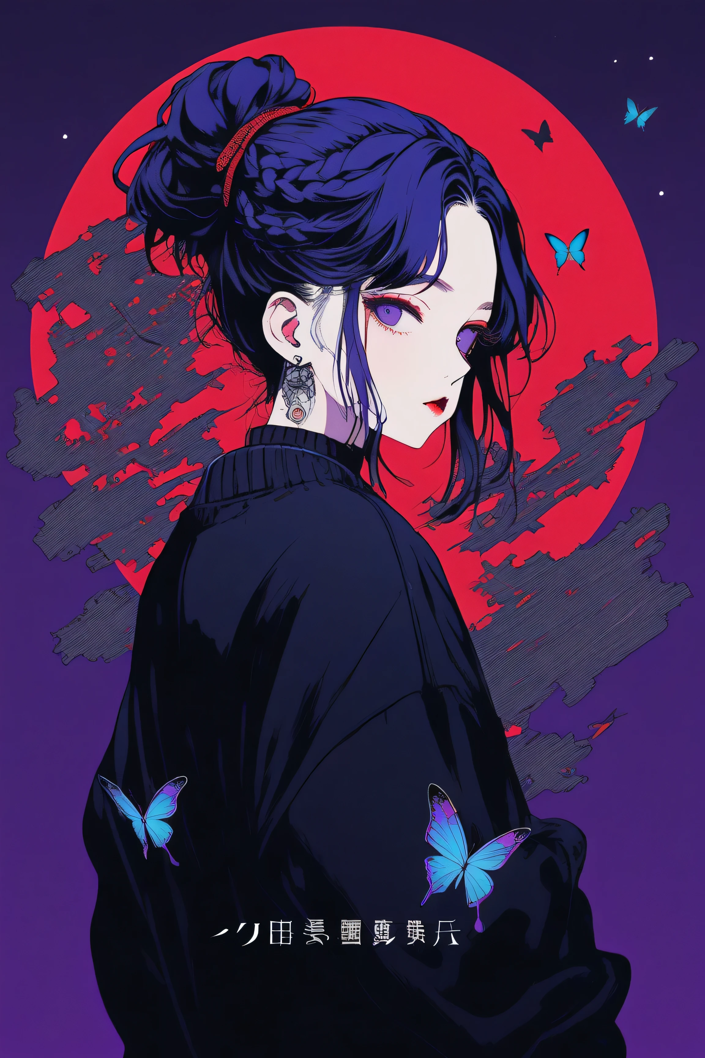 (Highest quality, sketch:1.2),Realistic,Illustrator,anime,1 Girl, Detailed lips,sweater,custom,Red Solid background,Neon Hair,Texture Cropping,masterpiece, Style: Retro Classic, Dark Black、Braid、Under the Moon、black and purple hair、Beautiful Book、Blue butterfly hair ornament