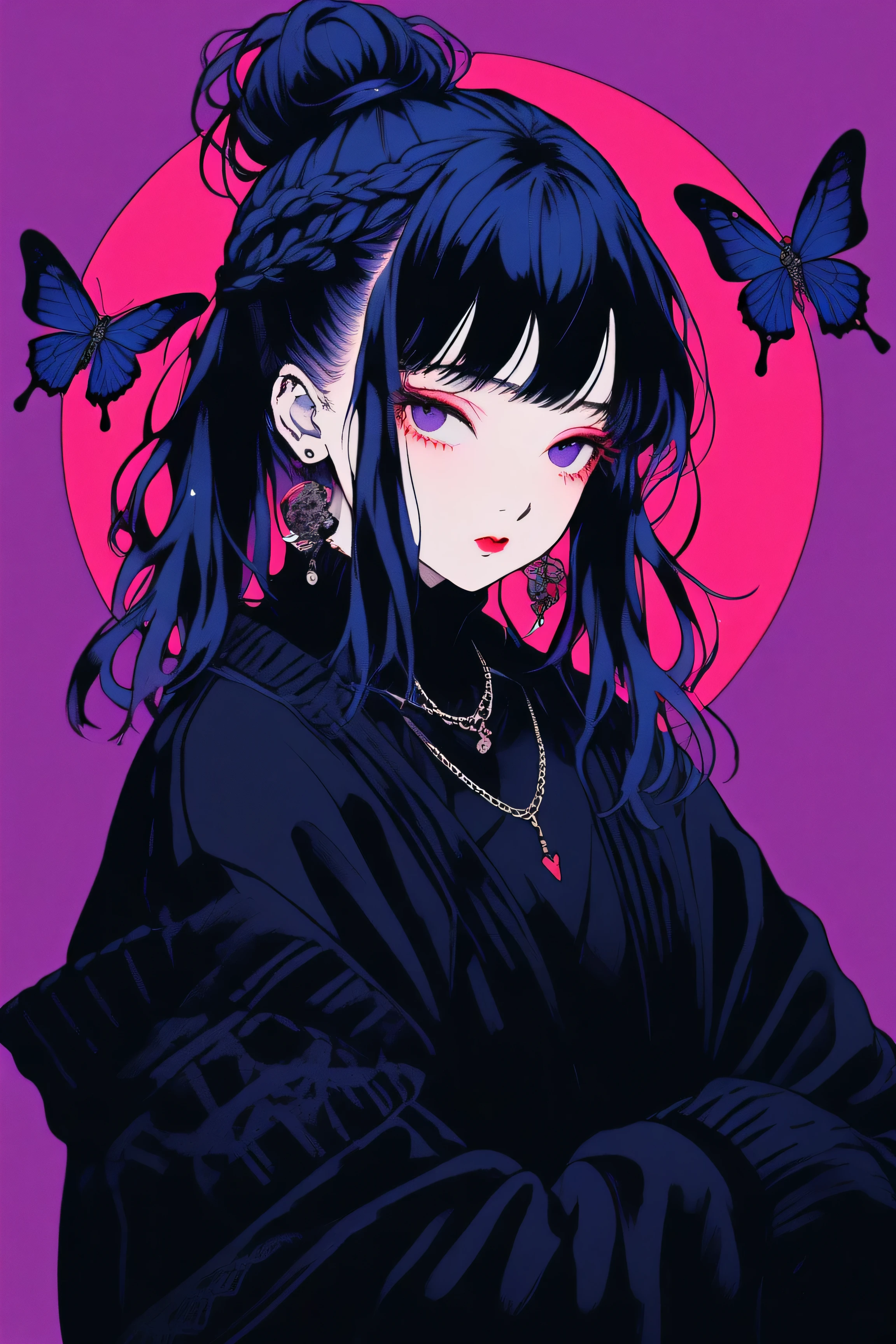 (Highest quality, sketch:1.2),Realistic,Illustrator,anime,1 Girl, Detailed lips,sweater,custom,Red Solid background,Neon Hair,Texture Cropping,masterpiece, Style: Retro Classic, Dark Black、Braid、Under the Moon、black and purple hair、Beautiful Book、Blue butterfly hair ornament