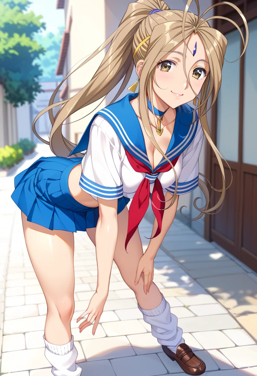 (Belldandy:1.2)、( 1 woman、solo)、25-year-old woman、Light brown hair、Shiny Hair、 high ponytail、Light brown eyes、Glamorous eyes、 textured skin 、 sailor suit 、 Mini Skirt、Summer clothes、blue、 loose socks、 brown loafers、Stand leaning forward、 cleavage、whole body、front、 high definition ,  best quality、 Detailed Details,  golden hair ornament、 Gold Earrings、smile、 choker、( blur the background :1.2)、