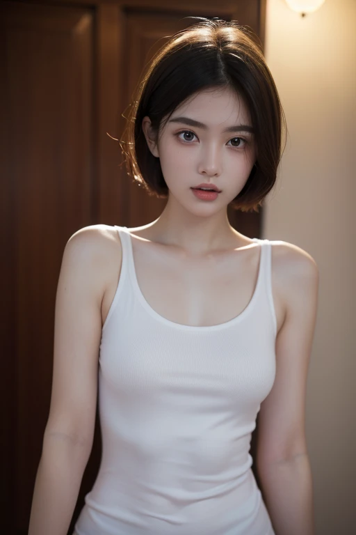 Highest quality、masterpiece、Ultra-high resolution、(Realism:1.4)、1 girl、PlainTshirt、On a white background、Deep Shadow、Low Key、Shortcuts、Upper Body、sex appeal