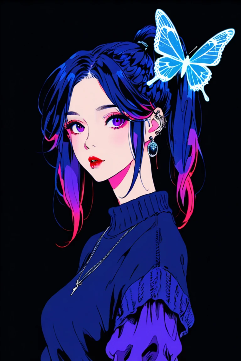 (Highest quality, sketch:1.2),Realistic,Illustrator,anime,1 Girl, Detailed lips,sweater,custom,Red Solid background,Neon Hair,Texture Cropping,masterpiece, Style: Retro Classic, Dark Black、Braid、Under the Moon、black and purple hair、Beautiful Book、Blue butterfly hair ornament