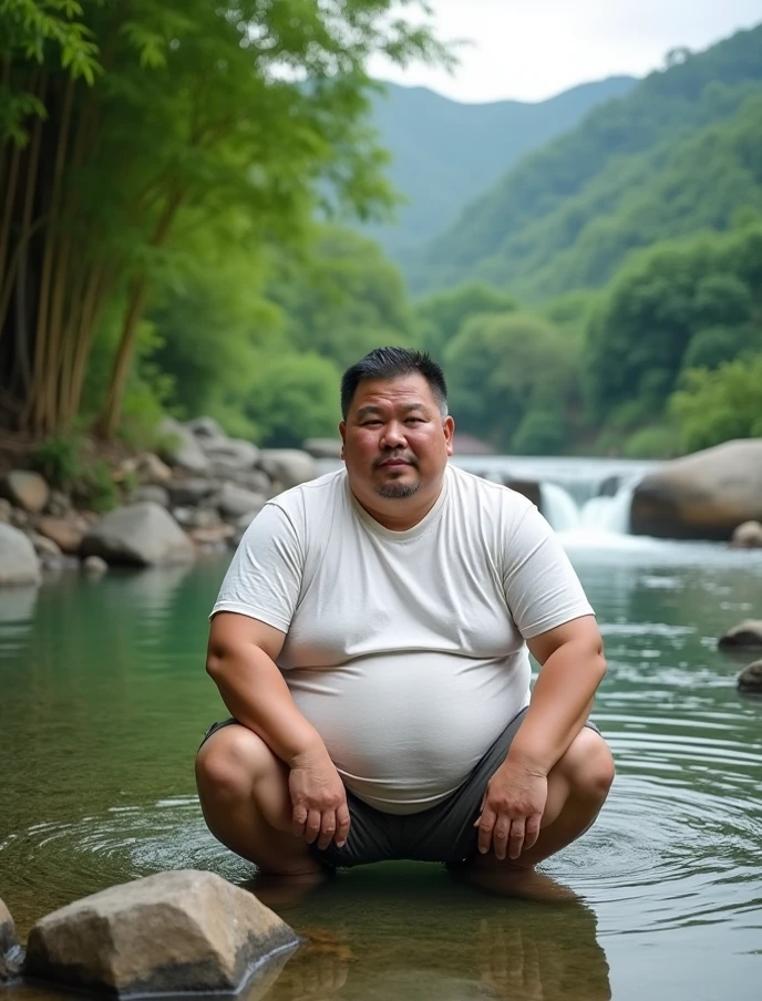 A fat Asian, bathing in hot springs. 