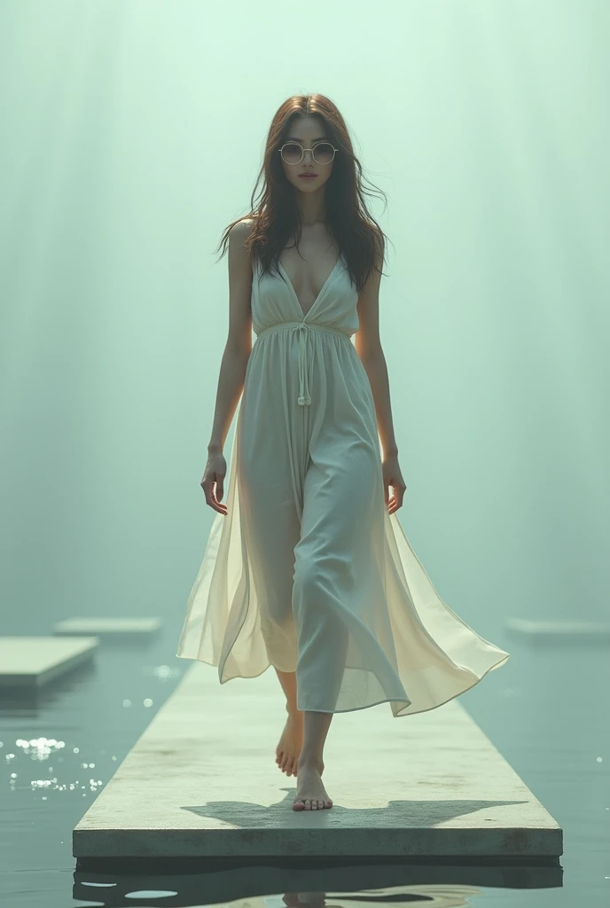 a woman in a white dress is standing in a flooded street The world of hyperrealism unfolds in this intricate wonder, bathed in soft, captivating lighting, an 8K gem by Salvador Dali