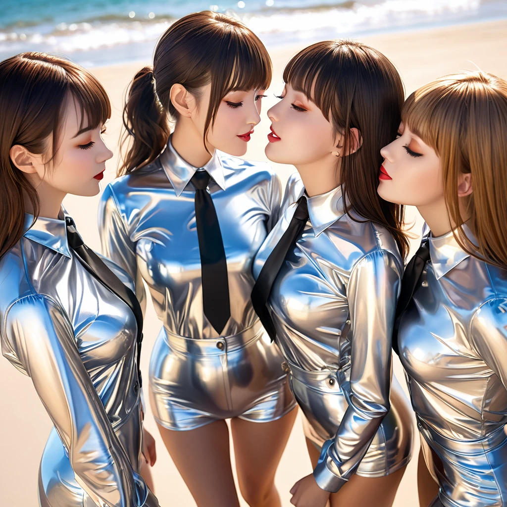 4 girls,  masterpiece, Lens reflection, Reflected light,  buttoned up in extremely tight shiny silver latex blouse,  high resolution , Make-up,  seductive smile , are on the beach,Necktie,  brown hair , Bangs, kiss