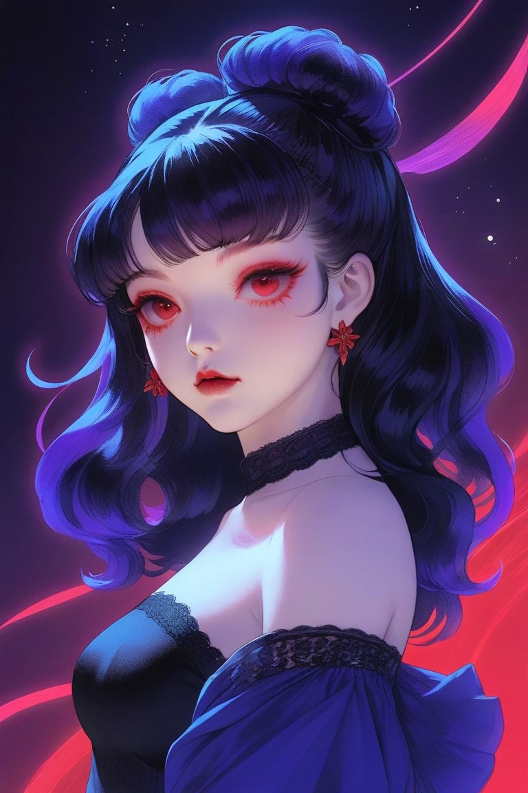 anime digital painting, 1girl, woman, evil queen, (red lipstick:1.3),(makeup:1.3),(intricate tattoos:1.3), bombshell hair, glimmering color:mediumorchid and purple hair, Razor Cut, toned hourglass figure, korean <lora:EnvyStarlightDivergent01e:1.25>