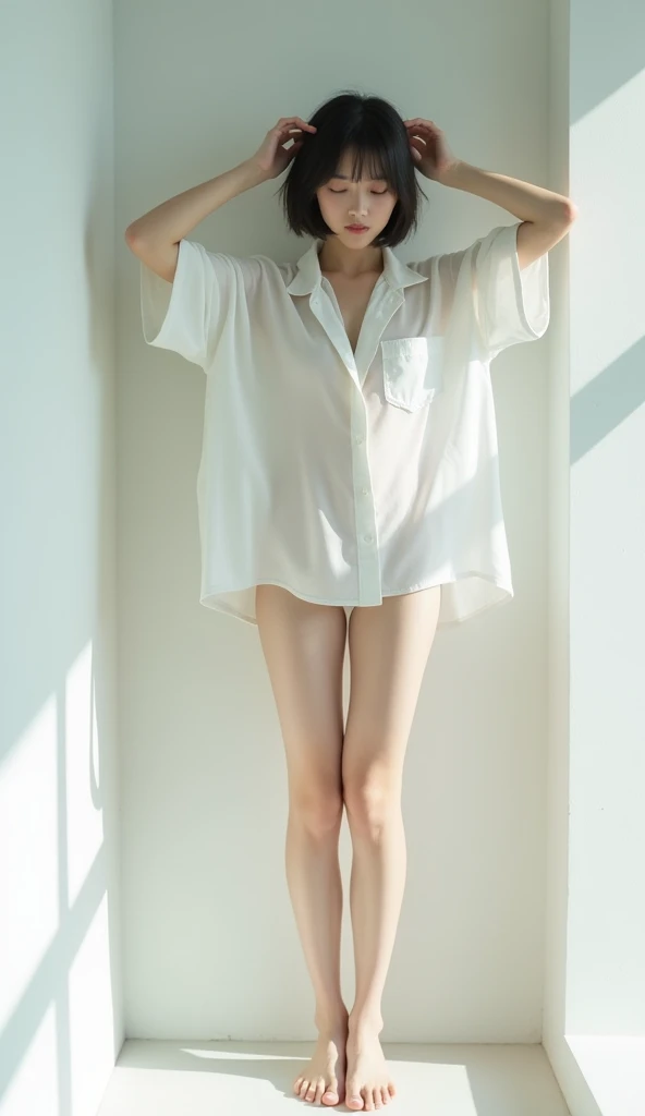 (In 8K、RAW photo、highest quality、realistic、Photoreal, look at the camera, light shines on your face, gray background), 38 year old Japanese female, doctor, kind, medium hair, minimal makeup, white clothes, comfortable scrub, supportive sneakers, simple jewelry.