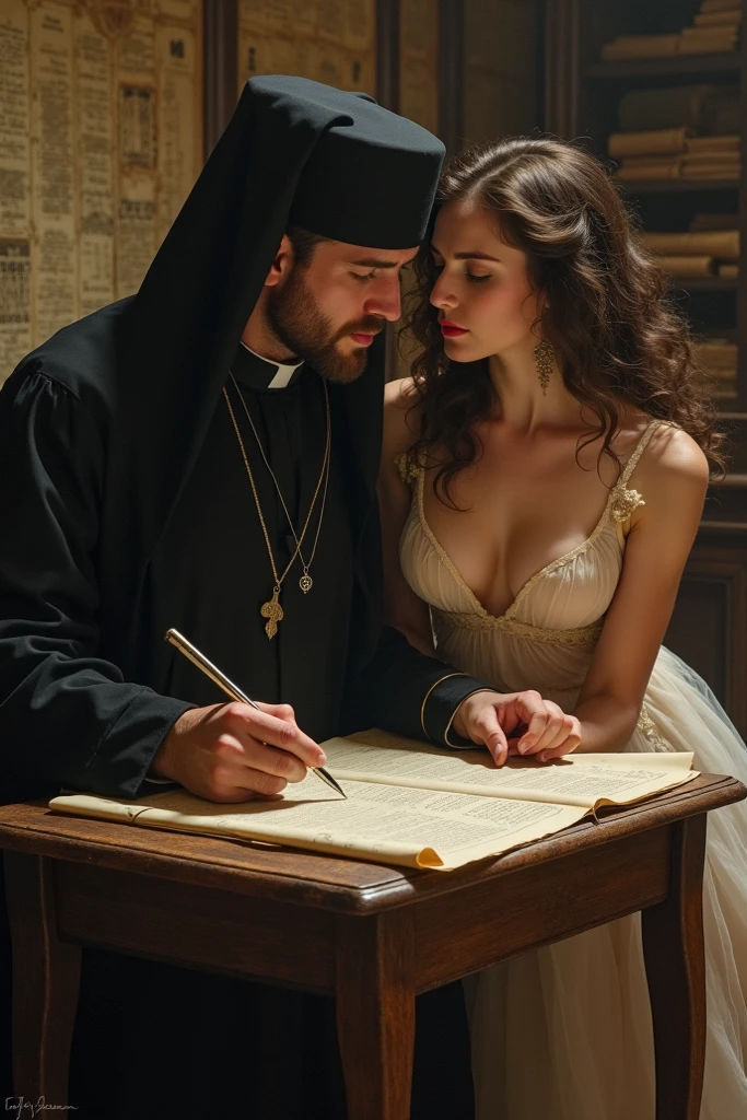 Gorgeous and sultry busty athletic (thin) brunette rogue with sharp facial features wearing a wide hood, medieval hair cover, rough-spun grey and black medieval thief attire, long sleeves, gloves, breeches, trousers, corset, Middle Ages, village, exterior, trees, countryside, evening, sunset. large breasts.big breast