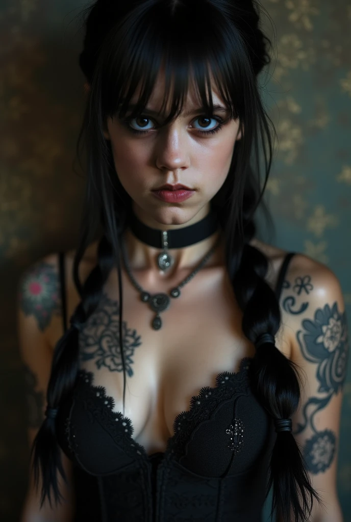23 year old steampunk girl at a , white crop top, black and blue leather, tattoo, long auburn hair in braids. 8k, (insanely detailed:1.5), canon eos r3, detailed skin, pale skin, hyper detailed, ultra sharp.