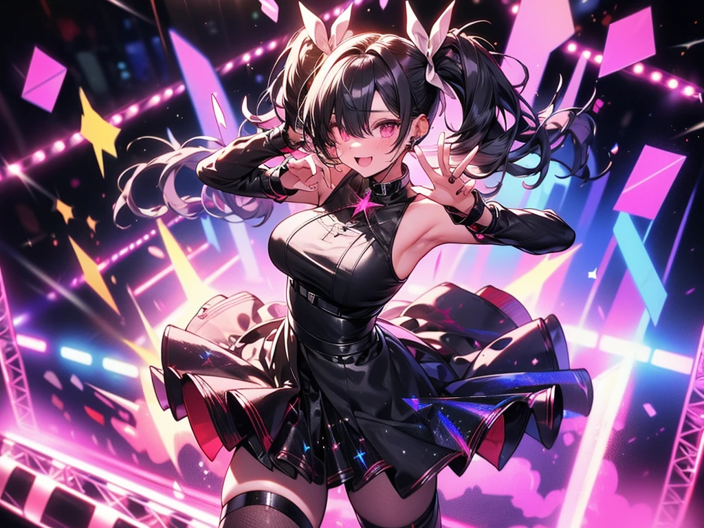 A young and beautiful person,(Highest quality,Extremely detailed depiction,Incredibly absurd high resolution,Anatomically accurate depiction,Nice hands, Perfect Fingers,Curvy Legs),(Glowing Skin,Shiny skin),(Sexy Idol),(Cute idol costumes,Black Leather Jacket:1.3,Cute hairstyle,pantyhose,Choker of Hearts,boots,),eyelash,(Bright pink eyes,There is cleavage in the chest,A seductive smile,Glossy Lips,Seductive gestures),Sweat,whole body