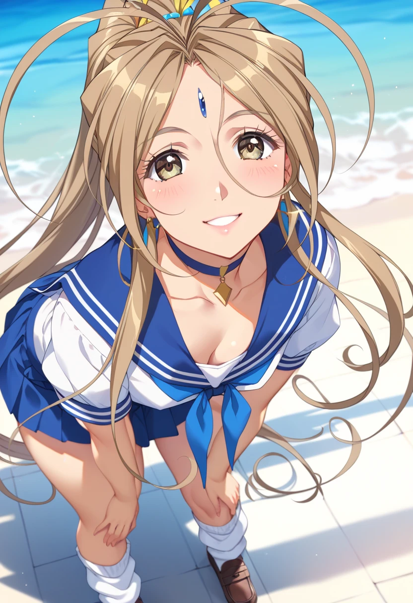 (Belldandy:1.2)、( 1 woman、solo)、25-year-old woman、Light brown hair、Shiny Hair、 high ponytail、Light brown eyes、Glamorous eyes、 textured skin 、 small chest、 sailor suit 、 Mini Skirt、Summer clothes、light blue、 loose socks、 brown loafers、Stand leaning forward、 cleavage、Chest、front、 high definition ,  best quality、 Detailed Details,  golden hair ornament、 Gold Earrings、smile、 choker、( blur the background :1.2)、