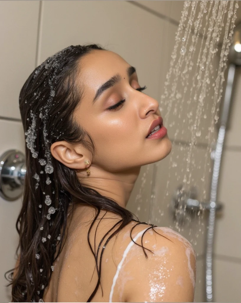 A close up shot of shraddha kapoor in a a bathing scene, inside a bathing, pouring shower, soap on body, with ,