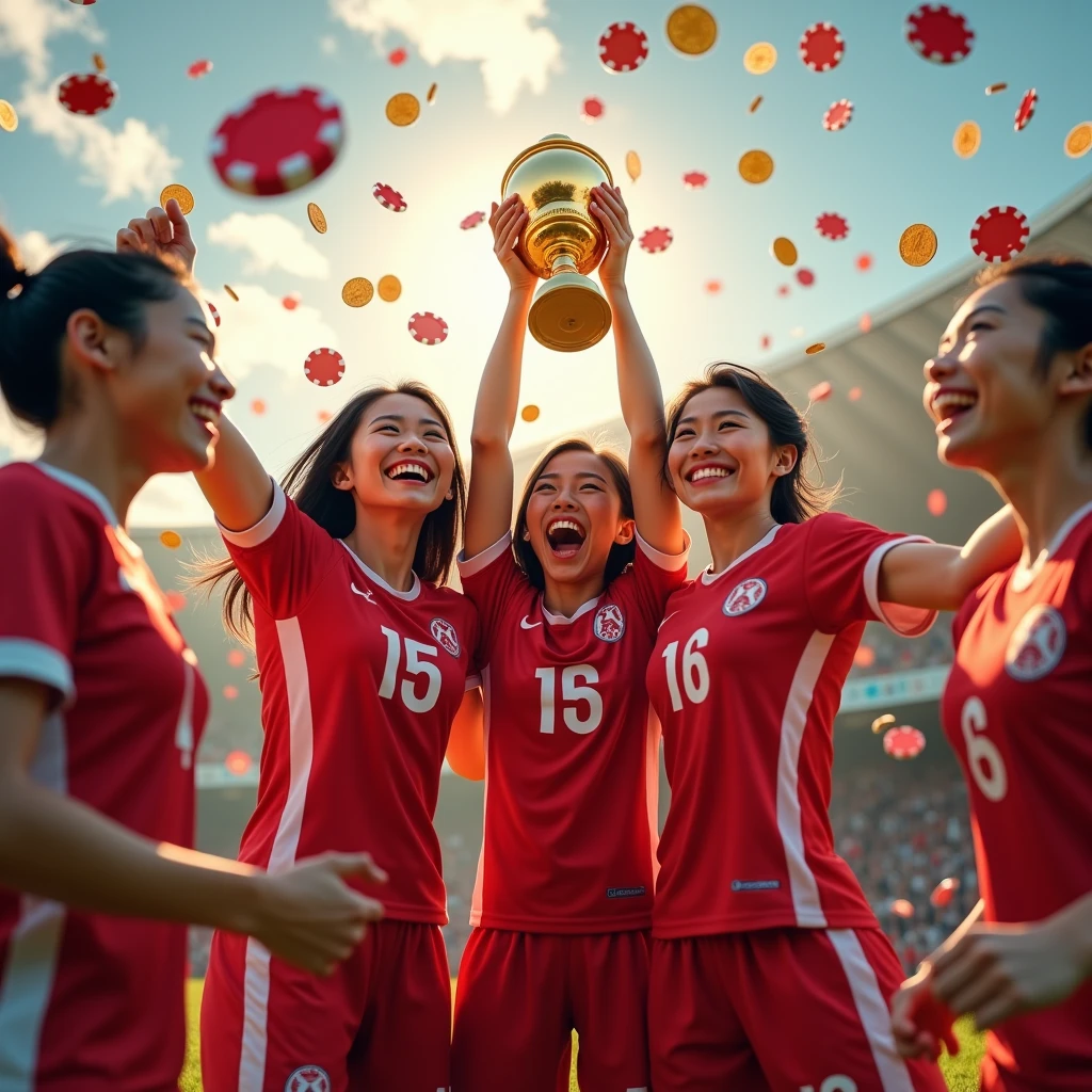 Chinese women's football,Beautiful facial features,White skin,Win the final,Celebrating with the World Cup in hand,Half-length photo,World Cup stadium as background