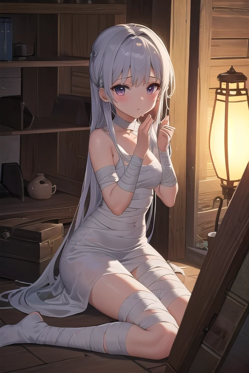 ((Masterpiece)), 8K, cinematic lighting, very messy hair, (badly tattered dirty cheep camisole, exposed nipple, Slender small breasts, very mad face), empty clean pure white room, (Very strongly Restraints with handcuffs), Textured skin, Pale shiny silver hair, Cute Beautiful girl, Put your back to the wall.