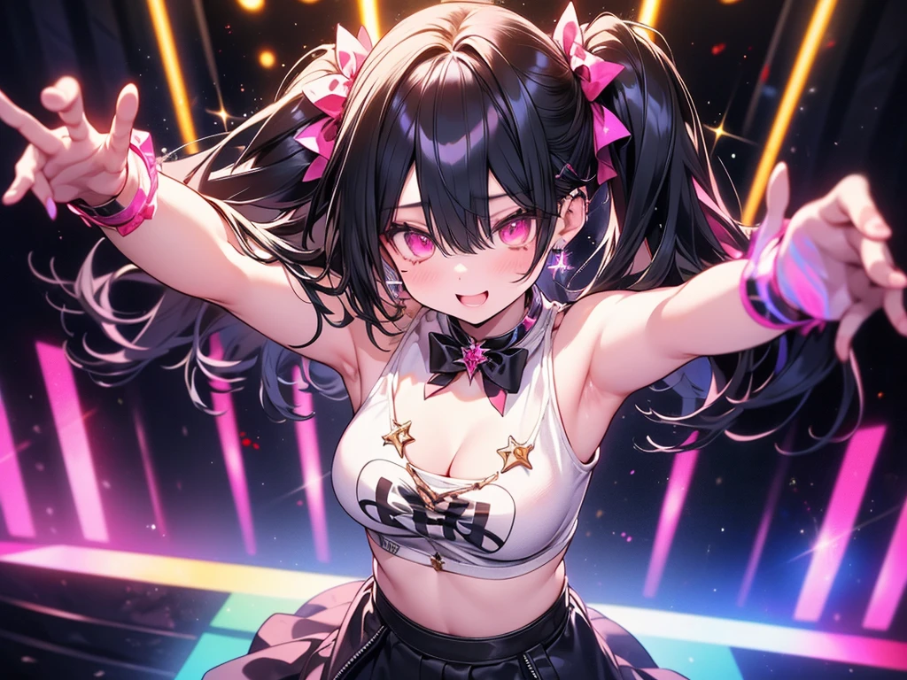 (((SHARP detail perfect face))), detailed skin, ((masterpiece)), best quality, (SHARP details), 8k, ((idol)), on stage, (neon lights), (super slutty and (colorful (idol clothes))), sweat, ((multiple girls)), idol group, (slutty thong), prostitution, concert, (audience pov), ((4 girls)), (((loose idol clothes))), ((multiple girls)), various haircolors,