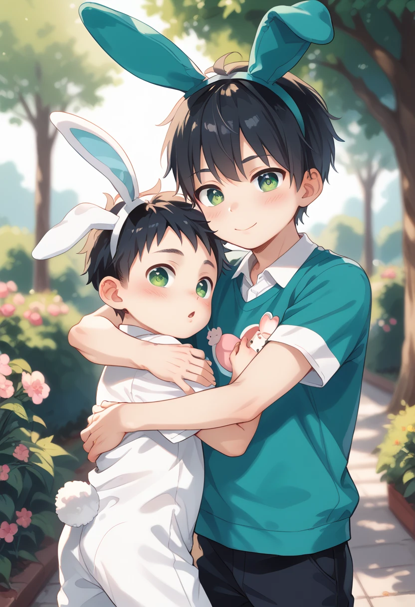 Comic style, comic anime cute boy, black hair, green eyes, slightly blushing, is a primary school boy, baby clothes, bunny suit pink, cute face, big eyes, anime drawing style, shota boy size,slim body, boy's body, gay, boys love it, man and boy, heart in pupil baby boy, small boy, arm hug holding boyfriend, baby bunny clothes 