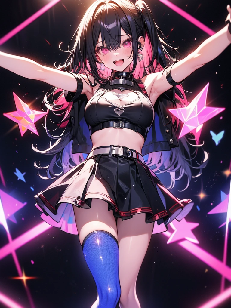 Perfect human body,1 girl, idoly,idol,(publicly exposed,On stage), 鎖骨,(Colossal tits),Sleeveless sailor suit,Low-rise miniskirt,Reveals a flat lower abdomen,semi transparent,(White stockings),((woman with fever)), ((color)), (Blushlush:1.2),