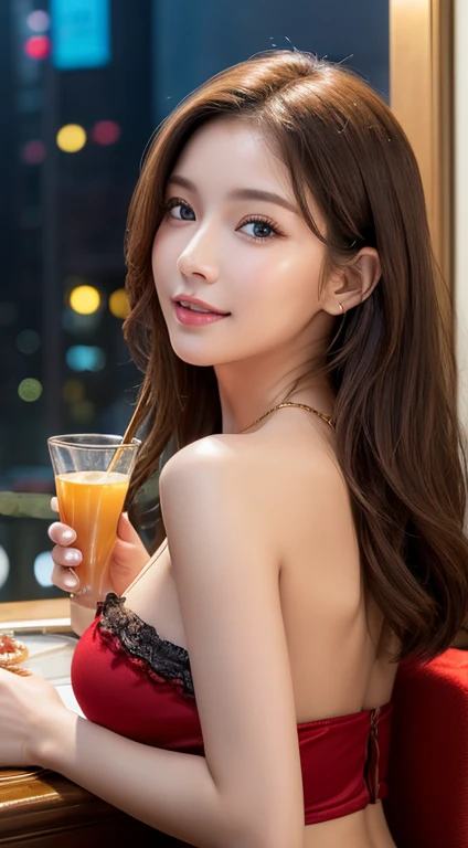 in 8K、high-level image quality、hightquality、hight resolution、femele、big eye、Super Detail Eyes、Hair in super detail、bokeh feeling、Natural makeup、summer、A smile、ssmile、bacchus、In drinking、Delicious food、Snacks、large full breasts、red-lips、Little red cheeks、1 persons、Beautiful nails、nature backdrop、valley、bacchus