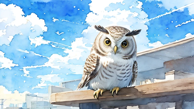 Watercolor、owl，、 downtown 、Cumulonimbus、 blue sky、Contrail