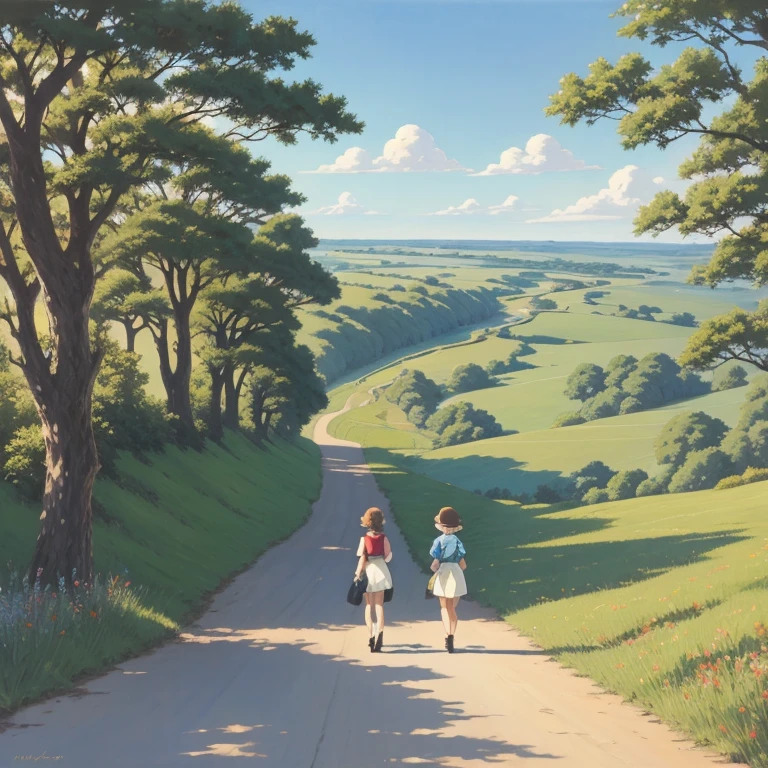 Genuineistic, Genuine, Two beautiful girls walking down the road ,owl，, beautiful and amazing landscape oil painting studio Ghibli Miyazaki Hayao, petal prairie, blue sky prairie country road and buildings