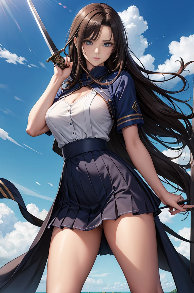 pretty girl,aanaga, long hair, one side up, hair ornament, dark skin, large breasts, , loose necktie, blue necktie, cleavage, collared shirt, white shirt, short sleeves, wrist scrunchie, wristwatch, midriff, pleated skirt, blue skirt, thigh strap ,, (heavy chest:1.1, ), huge breasts), 