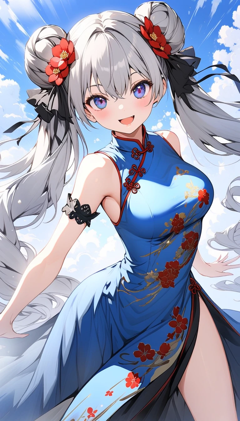 1girl、(((best quality)), ((masterpiece)), (details), masterpiece, best quality, high quality, ulutra detailed, perfect face, ((1girl, blue eyes, cat ears: 1.3 silver bob hair: 2.5,)) and ((Big white wolf:2.1)) 、Shiny Hair、Glowing Skin、blush、Lustful look、Small breasts,Sidetiletto heels、China dress、Alluring expression,Chinese gorgeous outdoor background、