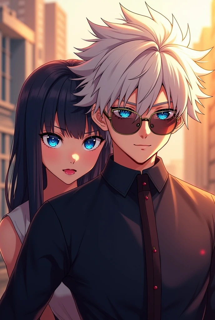 ((masterpiece)) ((photography)) ((Highest quality)) A highly detailed, kinetic UHD HDR 128k, realistic portrait of Gojo Satoru from Jujutsu Kaisen, with his signature spiky white hair, dark high-collared uniform, stylish round transparent sunglasses, and glowing vibrant blue eyes visible behind the lenses. Beside him, a charming young woman with intense blue eyes, long sleek black hair, vibrant red lips, and a subtle nose piercing. The lighting highlights their unique features against a softly blurred urban landscape with warm tones.