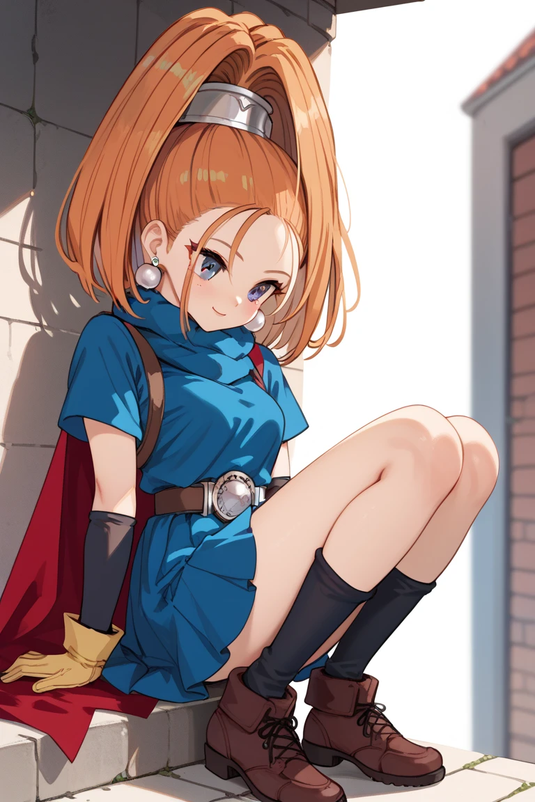 best quality, high resolution, (perfect anatomy), super detailed skin, (masterpiece), expressive eyes, perfect face, nsfw, dq6 barbara, 1girl, orange hair, high ponytail, long hair, purple eyes, earrings, jewelry, red cape, blue dress, elbow gloves, yellow gloves, belt, blue skirt, black socks, boots, undressing