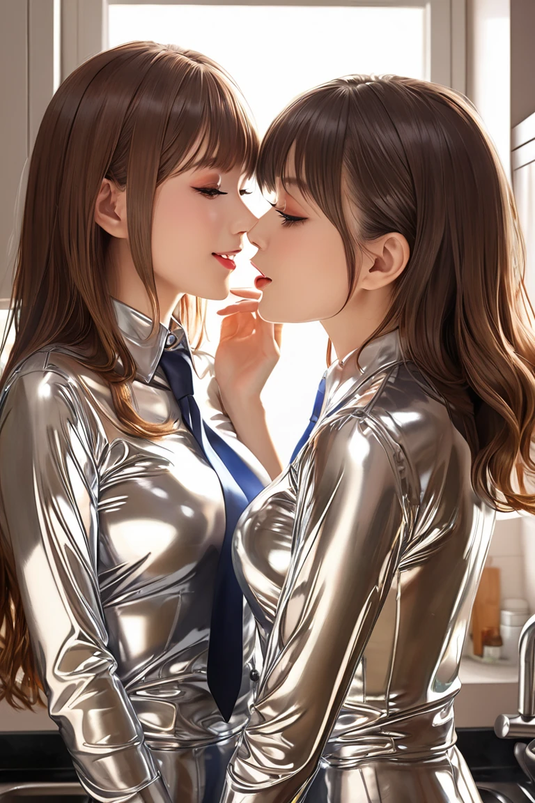 2 mothers and  daughter ,  masterpiece, Lens reflection, Reflected light,  buttoned up in extremely tight shiny silver latex blouse,  high resolution , Make-up,  seductive smile , Are in the apartment and while cooking,Necktie,  brown hair , Bangs, kiss