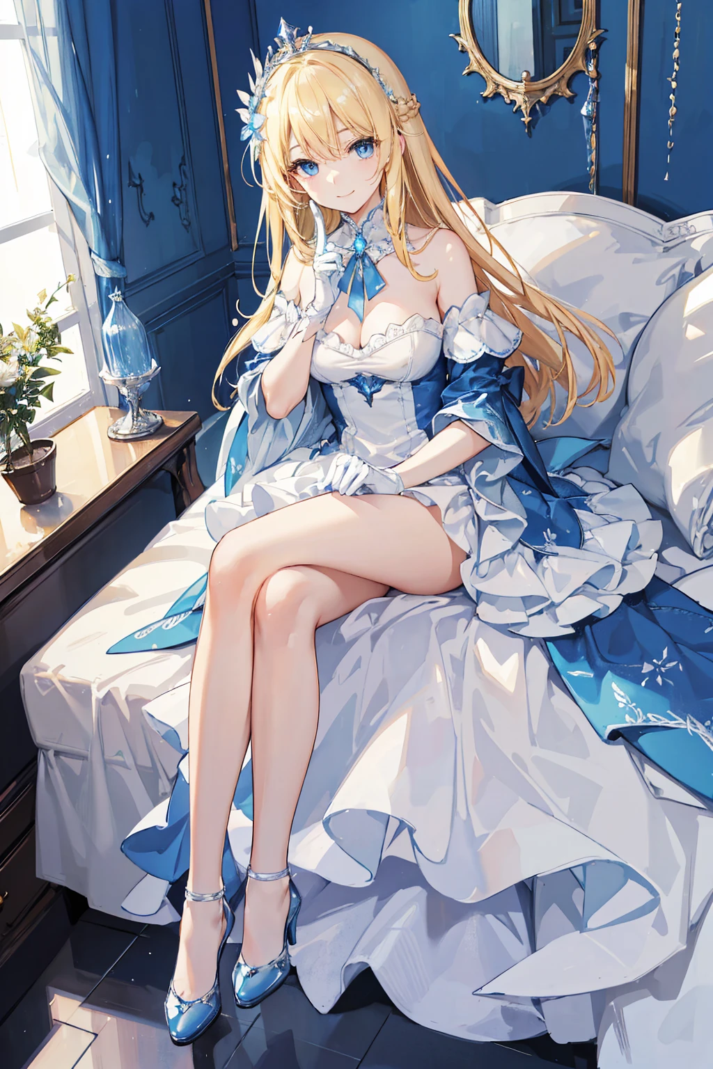 A modern style bedroom ，A charming blonde angel is sitting in a bedroom chair and playing with a smartphone， Her long hair is adorned with delicate hair accessories ，She has bright blue eyes and a bright smile 。 She is wearing a blue and white off-the-shoulder pleated dress ，Match it with white stockings，Blue heels and white gloves 。 Her head is adorned with a crown ，Surrounded by feather wings ， with an ethereal glow 。 Her head is surrounded by a soft glowing aura ， highlights her angelic beauty 。 Very Detailed , masterpiece ,  is the best quality , solitary,  soft smile , Smile gently。