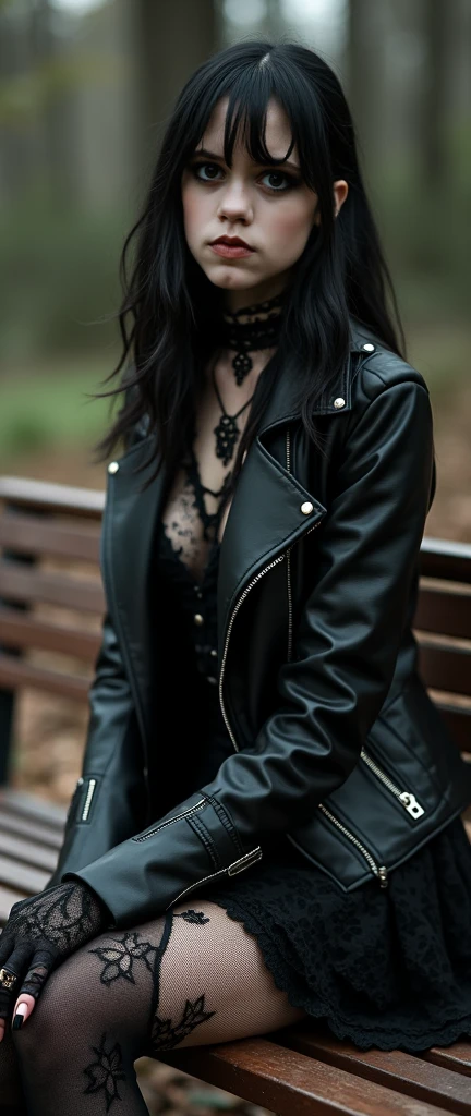 a chic ensemble stylish gothic woman in a dark black gothic leather jacket with high fishnets elegantly quaint in black sludge morbid, fashion and style of dress, typical gothic fashion includes black dyed hair and black clothes wear dark eyeliner, dark nail polish and lipstick, and dramatic makeup (best quality,4k,8k,highres,masterpiece:1.2),ultra-detailed,(realistic,photorealistic,photo-realistic:1.37),HDR,UHD,studio lighting,ultra-fine painting,sharp focus,physically-based rendering,extreme detail description,professional,vivid colors,bokeh,portrait,high fashion,elegant,glamorous,cinematic,dramatic lighting,moody,mysterious,sensual,sophisticated