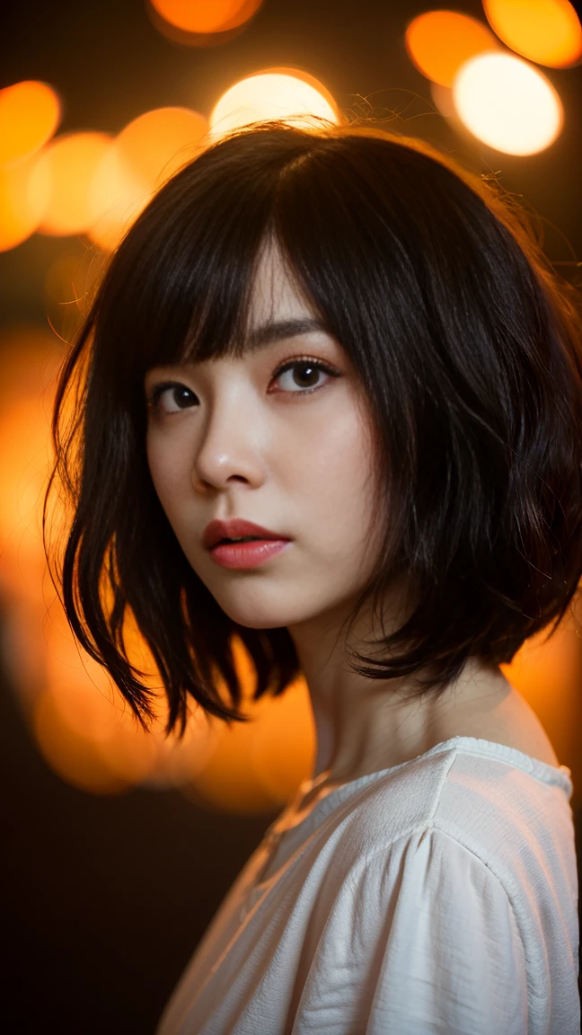 a 30-year-old woman with a bob cut hairstyle, dramatic orange background, surreal, masterpiece, best quality, 8k, ultra-detailed, hyperrealistic, volumetric lighting, vibrant colors, cinematic composition, dramatic chiaroscuro, dreamlike atmosphere