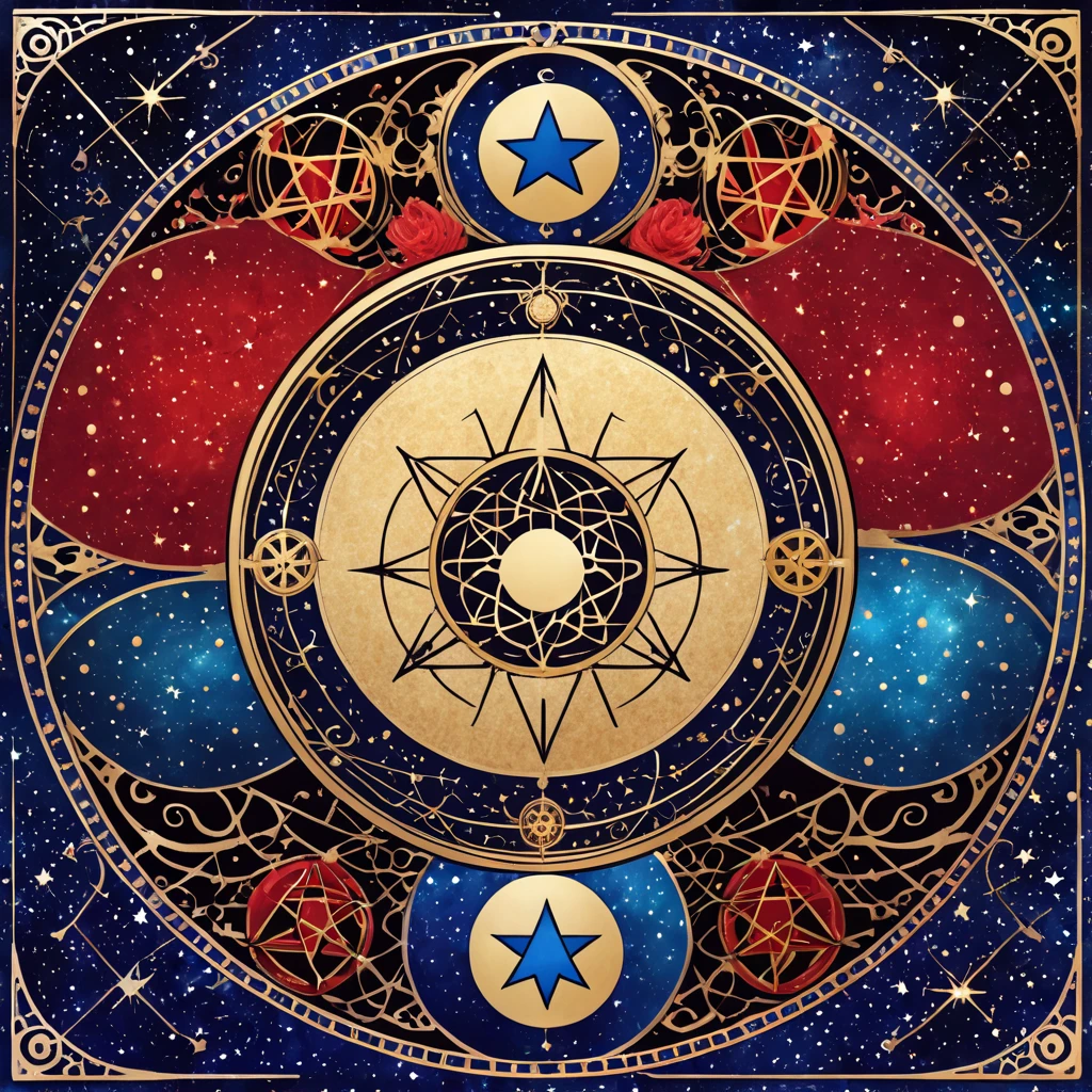  Create the photo of a detailed and elegant logo for an esoteric Tarot channel, Astrology and Occultism .  The design must feature a central symbol ,  like a mystical Tarot card floating on a mystical esoteric background . around,  constellations and astrological lines in shades of blue and red ,  evoking Yin and Yang energies . Magical and esoteric atmosphere ,  with a touch of elegance and mystery with some golden details such as gold .  Place Hermetic symbols that refer to Hermeticism and Kabbalah .