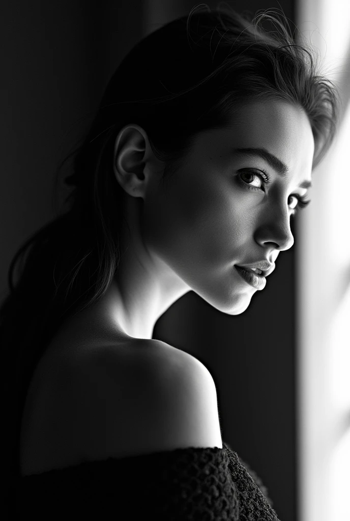 In this mesmerizing low-key portrait, an American woman, short hair, exposed her body, takes center stage, bathed in dramatic back light. The dark and moody atmosphere, detailed oh her body curve, accentuated by long, hard shadows, adds depth and intrigue to her captivating features. Her enigmatic expression invites viewers to delve into the mysteries within. The play of light and shadow creates a timeless and cinematic quality, reminiscent of classic film noir. Photo taken by Emily White with a Sony A7 III, Hollywood Backlight Shadows lighting, 8K, Ultra-HD, Super-Resolution.