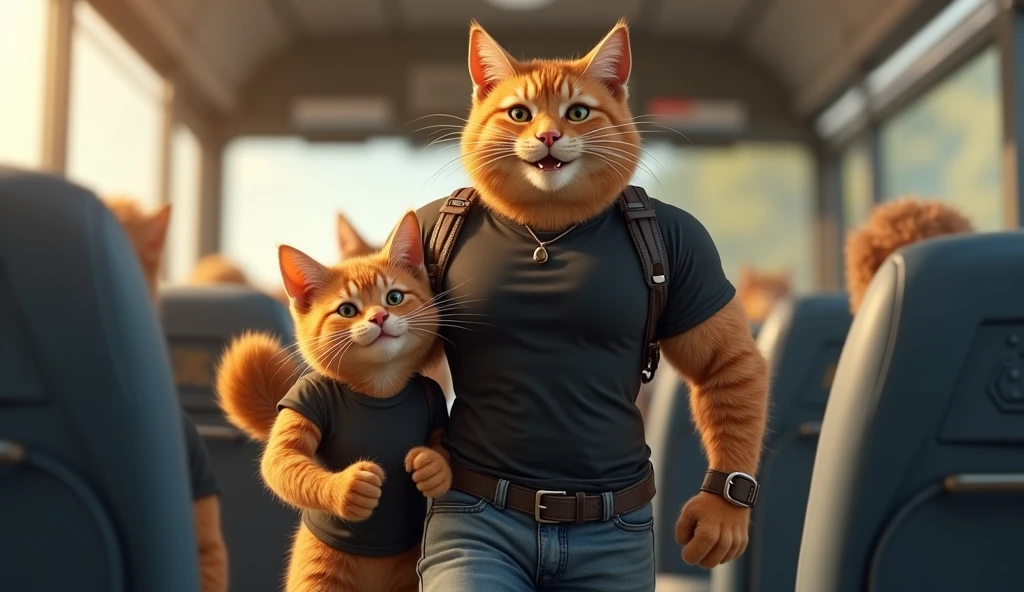 A muscular orange cat with human body  abd wearing a black t-shirt and blue jeans standing on a railway station eith his orange kitten 