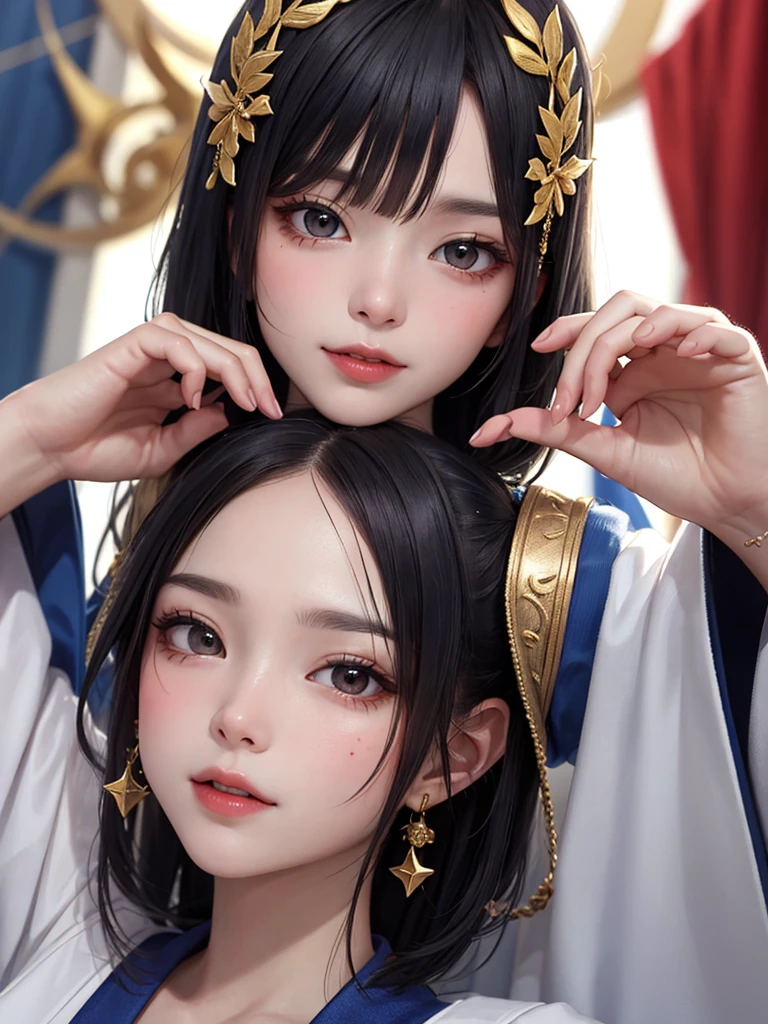 An oriental woman,There is a pair of thick eyebrows,A cherry small mouth,A pair of watery big eyes,Moles under eyes,Extra-long, slightly curly black hair,sitting sideways,Put a hand to your mouth,Hold your hair with your other hand,seductive grin smile,Wearing red Hanfu,Asian woman,Beautuful Women,A cool girl in the east,slender figures,Slim fingers,Delicate skin
